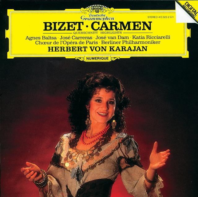 Album cover art for Carmen (Highlights) (Berliner Philharmoniker feat. conductor: Herbert von Karajan, soprano: Katia Ricciarelli, mezzo-soprano: Agnes Baltsa, tenor: José Carreras, bass-baritone: José van Dam)